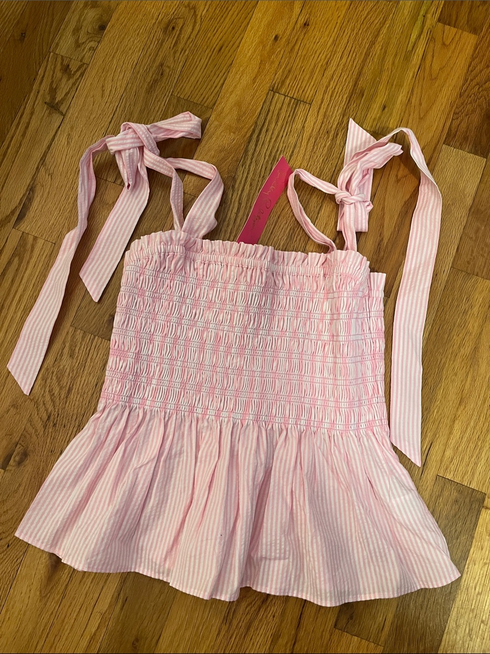 Lilly Pulitzer Pink Striped Tie-Shoulder Smocked Top